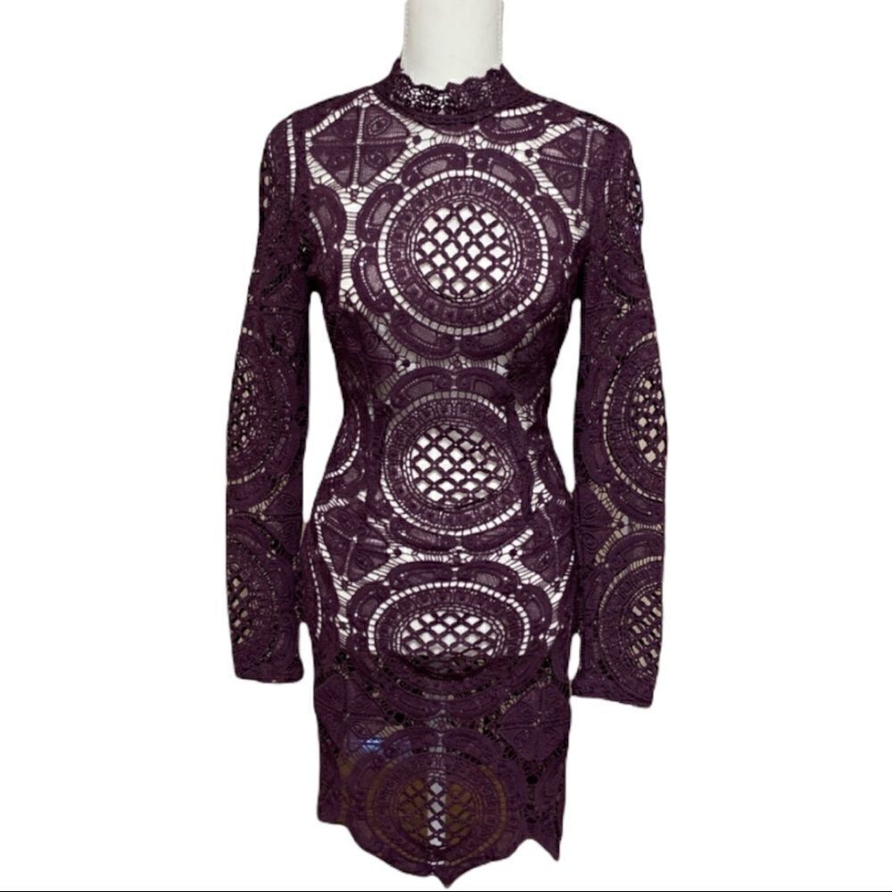 Purple Lace Long Sleeves Bodycon Dress SMALL